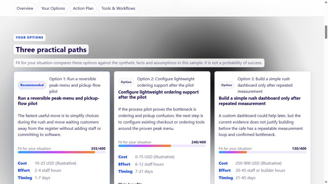 Sample Snag-to-Strategy options screen comparing three practical paths with fit scores
