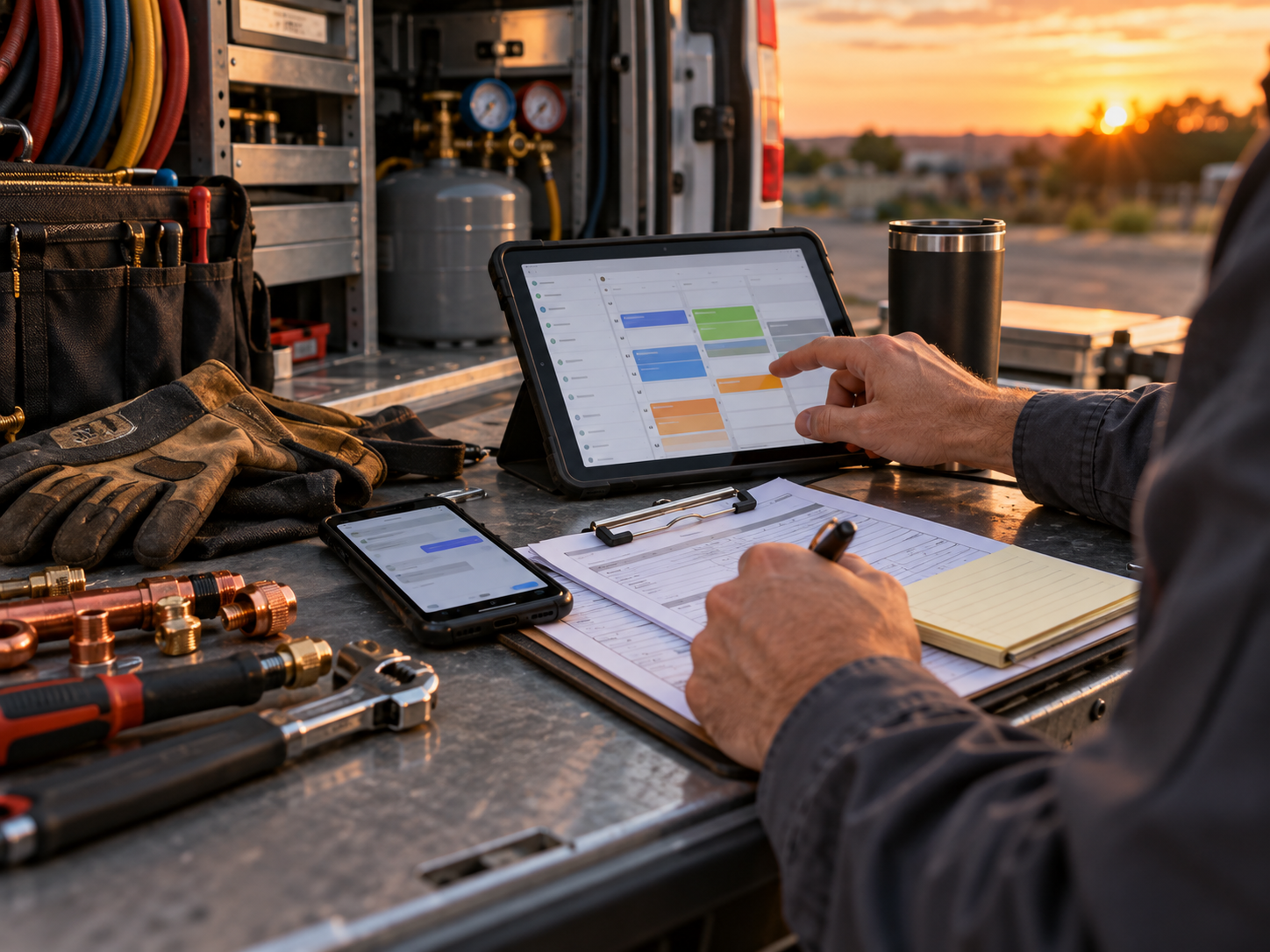 HVAC work surface with tools, estimates, phone, and schedule tablet