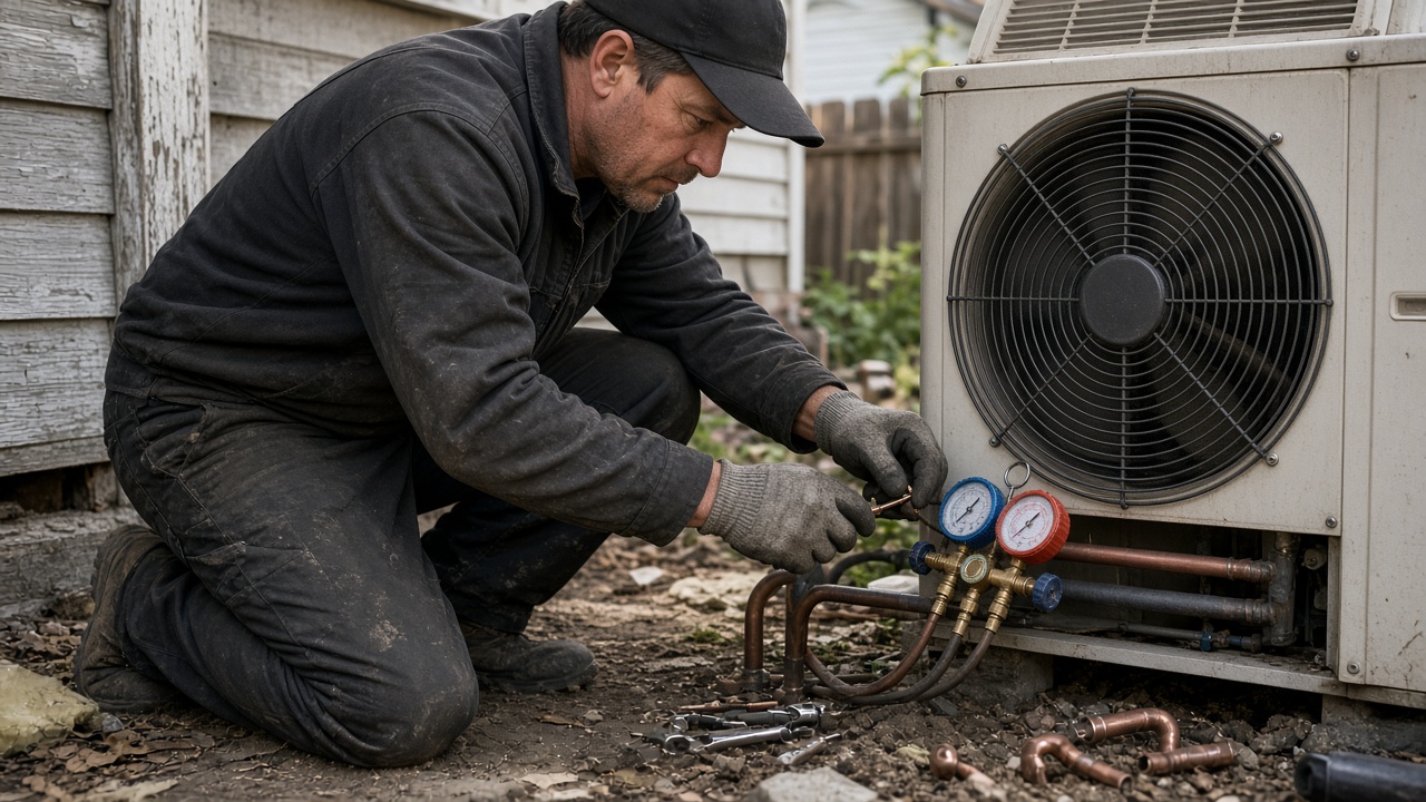 HVAC technician focused on condenser repair with gauges. deep in field work